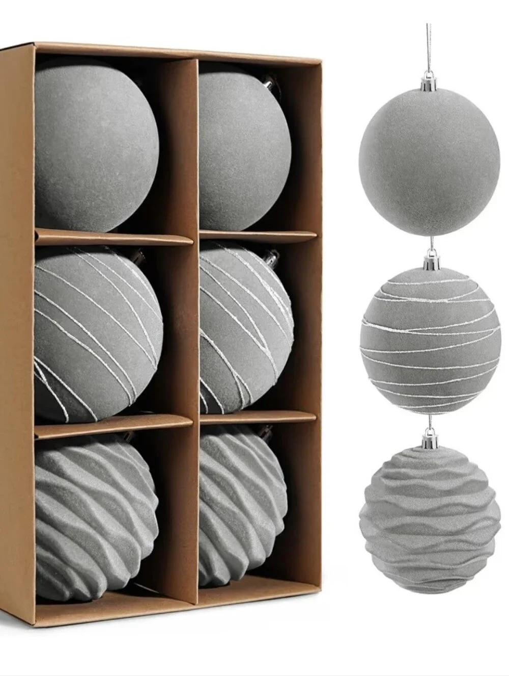 Gray Velvet Holiday Ornament Set - 6-Pack. NWT.